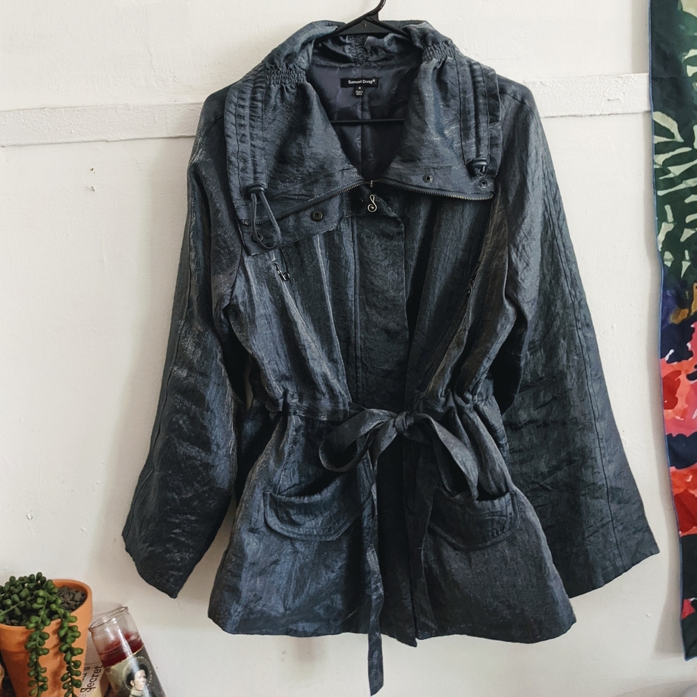 Samuel Dong Shimmer Metallic Navy Belted Lagenlook Trench Coat Jacket